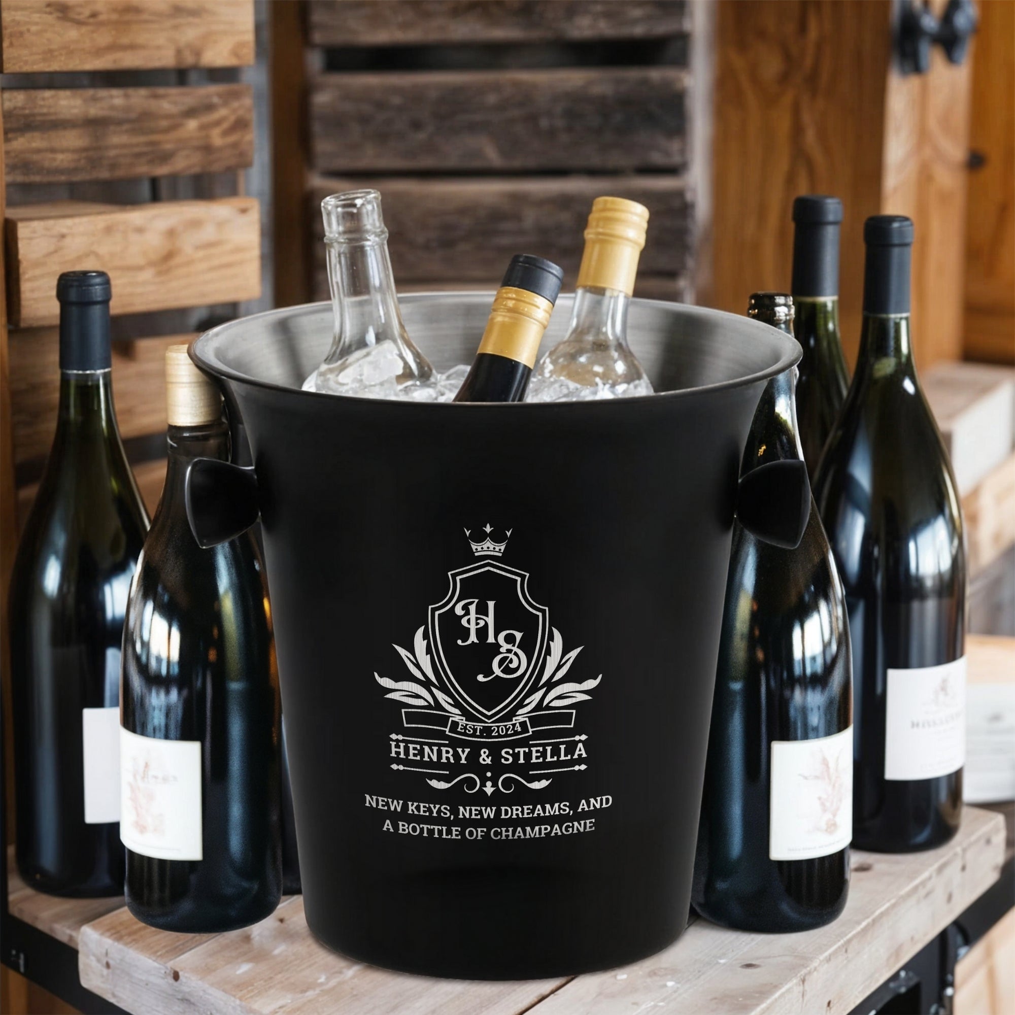 Personalised Matt Black Champagne Ice Bucket, Custom Engraved Wine/ Beverage Tub, Housewarming, Wedding, Engagement, Christmas Barware Gift