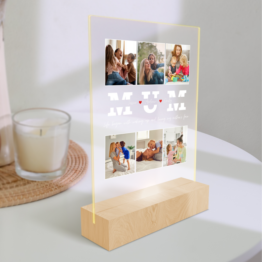 Custom 3D Collage Mum Photos Names LED Night Light, Personalised UV Printed Acrylic Wooden Table Lamp Sign Room Decor, Mom Mother's Day Gift