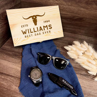 Personalised Sunglasses, Watch, Black Corkscrew Set & Custom Engraved Wooden Box, Father Best Man Groomsman Proposal Wedding, Corporate Gift