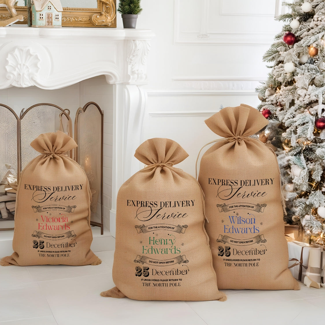 Personalised Christmas Kid &amp; Family Traditional Sack, Customised Express Delivery Service Jute Bag, Reusable Linen Gift Storage, Xmas Decor