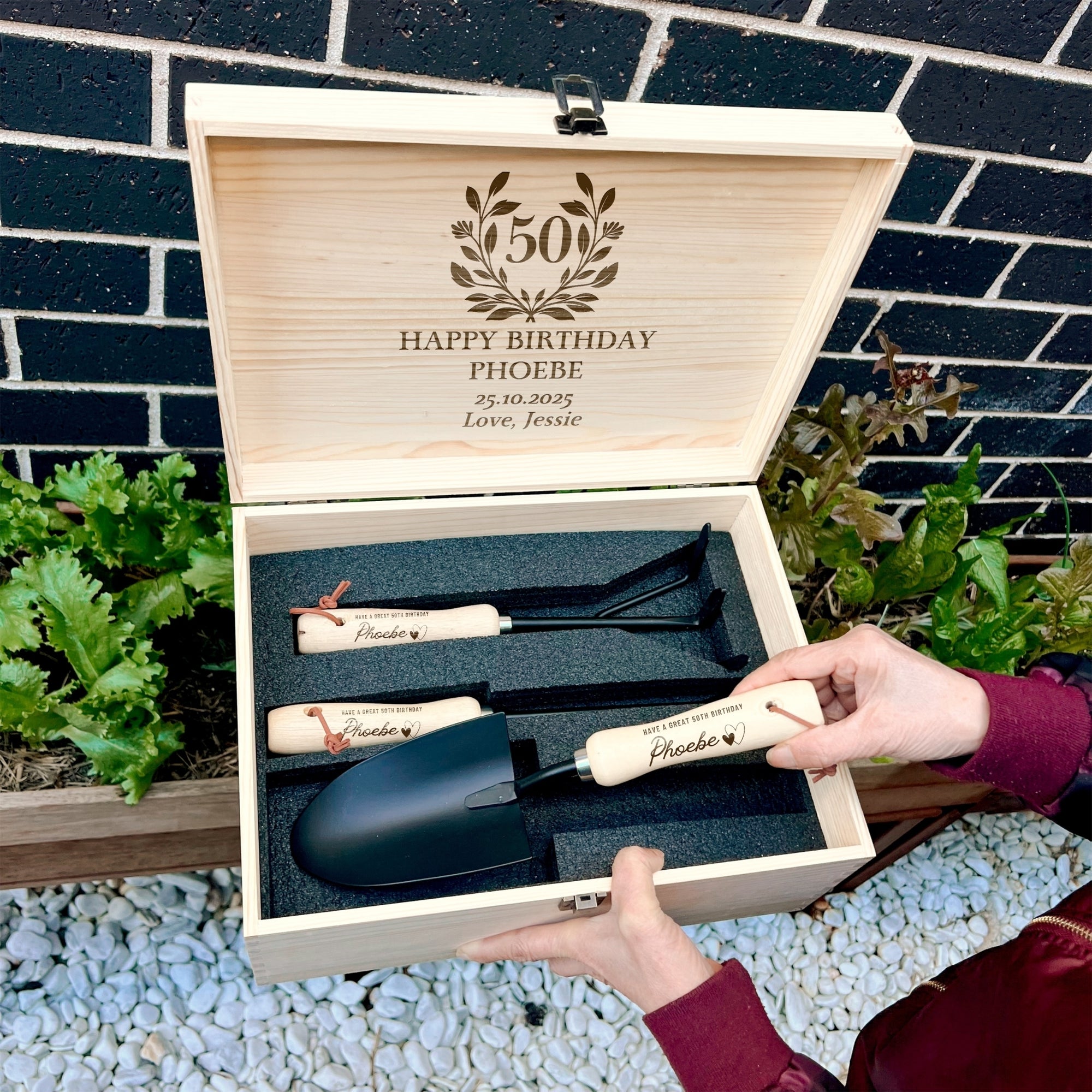 Personalised 3 Garden Tools Set &amp; Custom Engraved Wooden Box, Teacher, Anniversary, Housewarming, Wedding, Birthday, Mom Dad Christmas Gift