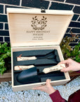 Personalised 3 Garden Tools Set & Custom Engraved Wooden Box, Teacher, Anniversary, Housewarming, Wedding, Birthday, Mom Dad Christmas Gift