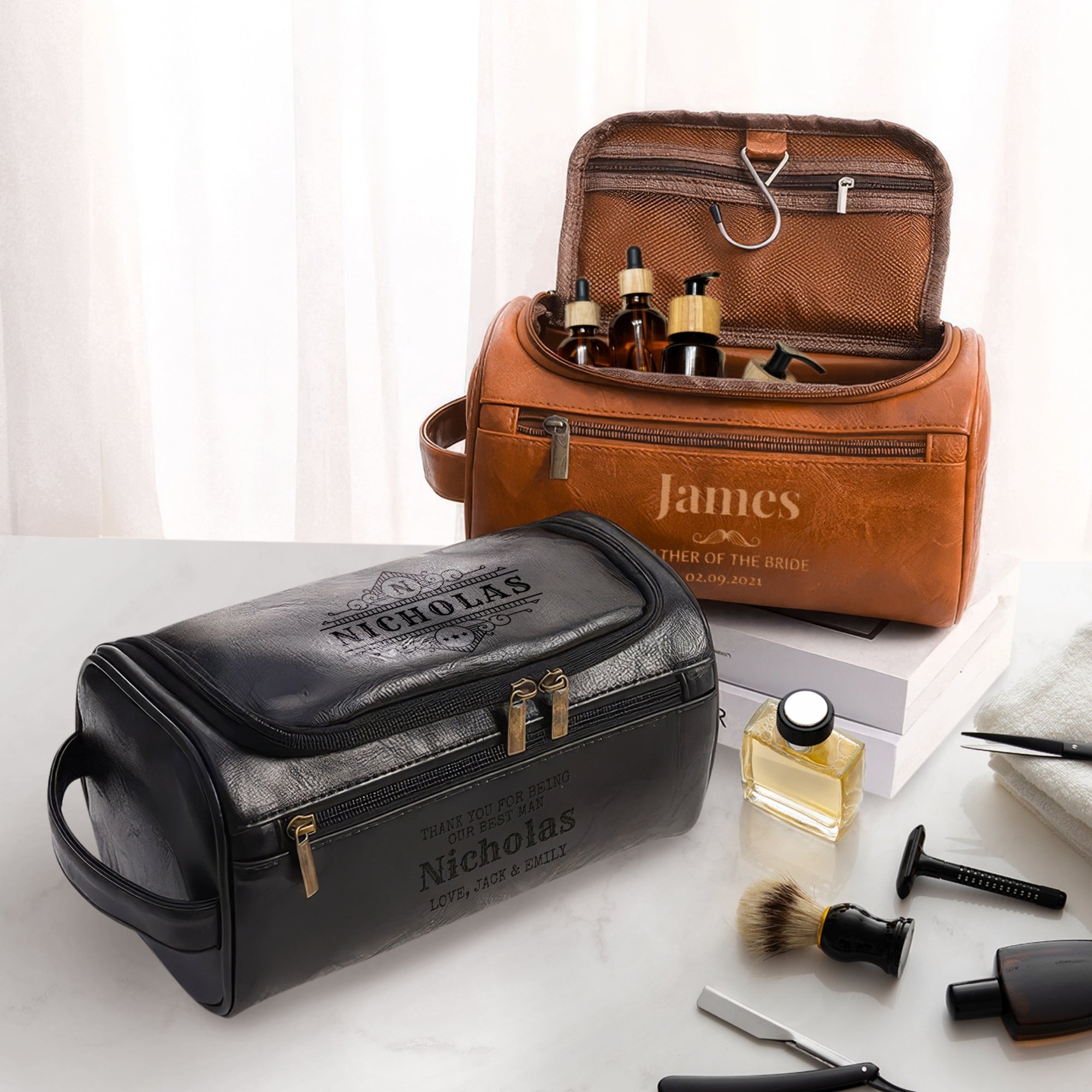 Personalised Leatherette Travel Toiletry Bag, Custom Engraved Multiple Zip Cosmetic Dopp Bag, Bestman Wedding Favour Groomsman Proposal Gift