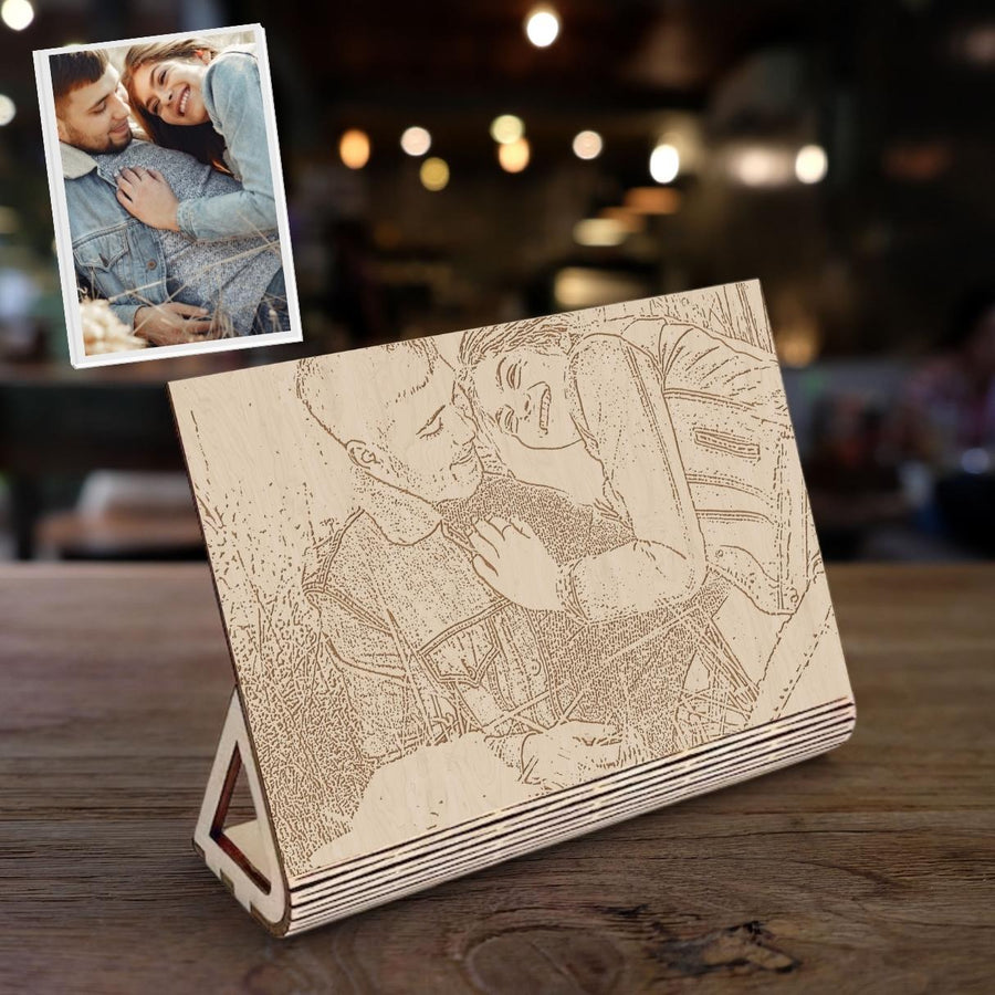 Custom Engraved Wooden Sketch Photo Frame, Personalised Plywood Picture Display, Family Couple, Pet, Anniversary, Baby, Birthday Memory Gift