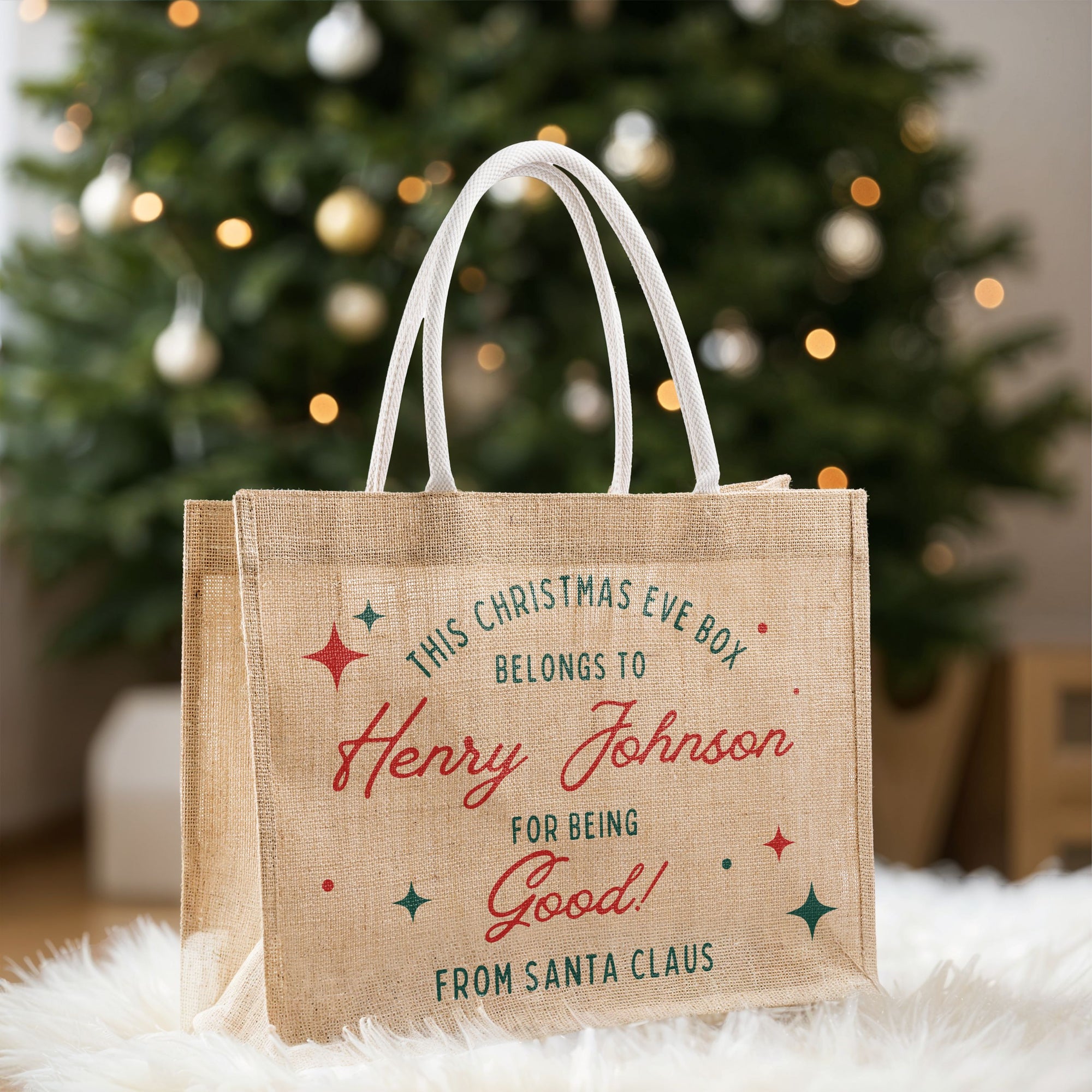 Personalised Christmas Eve Jute Bag, Customised Merry Xmas Stamp Presents Burlap Tote Bag, Kid Family Santa North Pole Delivery Gift Storage