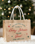 Personalised Christmas Eve Jute Bag, Customised Merry Xmas Stamp Presents Burlap Tote Bag, Kid Family Santa North Pole Delivery Gift Storage