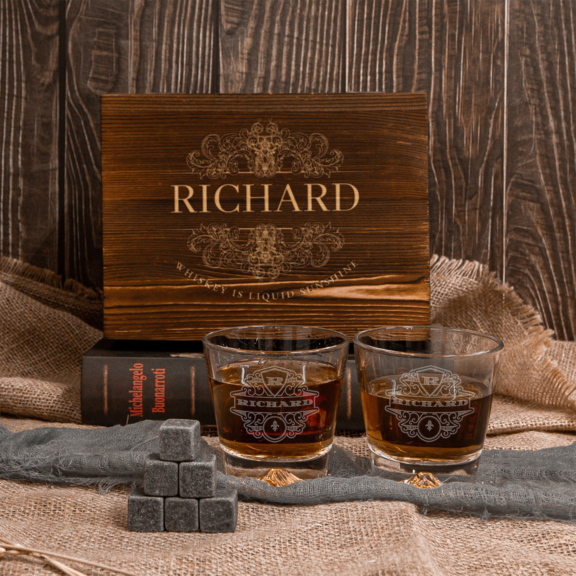 Custom Engraved Whiskey Wooden Box - 2 Mountain Scotch Glasses &amp; 6 Rock Ice Stones, Personalised Barware Set, Groomsman Father Birthday Gift