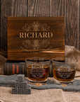 Custom Engraved Whiskey Wooden Box - 2 Mountain Scotch Glasses & 6 Rock Ice Stones, Personalised Barware Set, Groomsman Father Birthday Gift