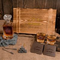 Personalised Army Wood Crate Whiskey Box, Whisky Decanter, 2 Glasses, 6 Ice Stones, 2 Coasters, Tongs, Etched Barware Groomsman Dad Gift Set