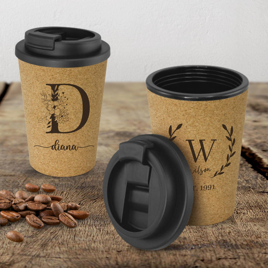 Personalised Double Wall Cork Coffee Cup, Custom Engraved Reusable Insulated Tea Sipper Tumbler, Travel Mug, Portable Flask, Corporate Gifts