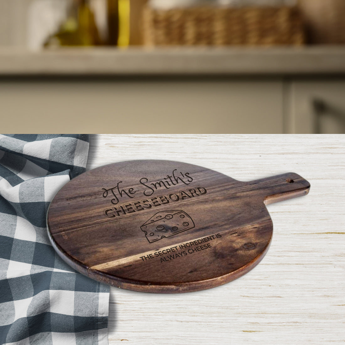Personalised Acacia Wooden Round Cheese Serving Board, Customised Handle Tray/ Cutting Paddle, Chopping Board, Engraved Charcuterie Platter, Housewarming, Corporate Gift