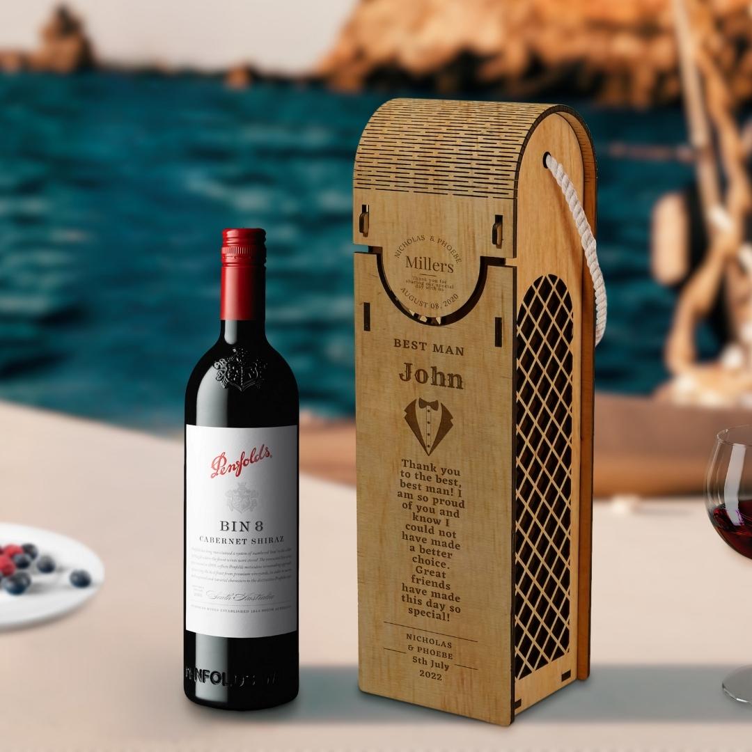 Custom Made Laser Cut &amp; Engraved Carry Decorative Rope Handle Wooden Wine Box, Personalised Plywood/ MDF Name/ Logo Wedding, Birthday, Corporate Wine Bottle Gift Boxes