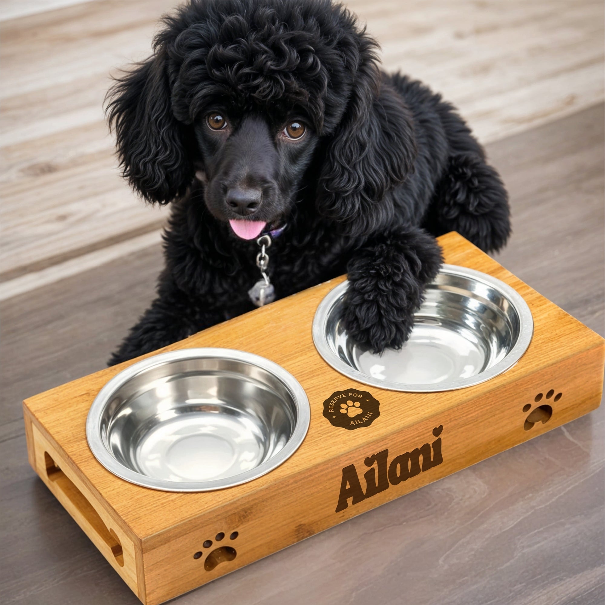 Custom Engraved Twin Dog Bowl, Raised Pet Feeding Station, Personalised Cat Pet Water Food Bowls & Wooden Bamboo Stand, Puppy Christmas Gift