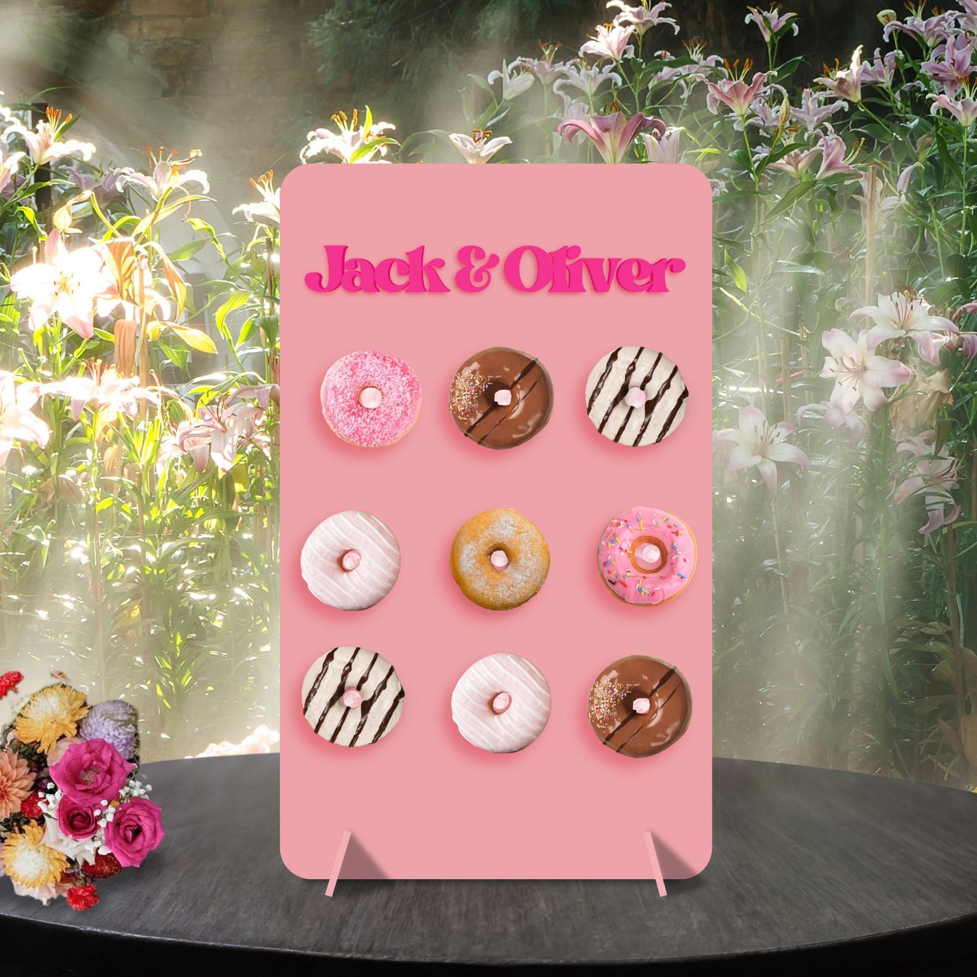 Custom Acrylic Donuts Wall Stand, Personalised Name, Date Candy Bar Display, Donuts Holder Sign, Elegant Wedding Table Decor, Party Supply