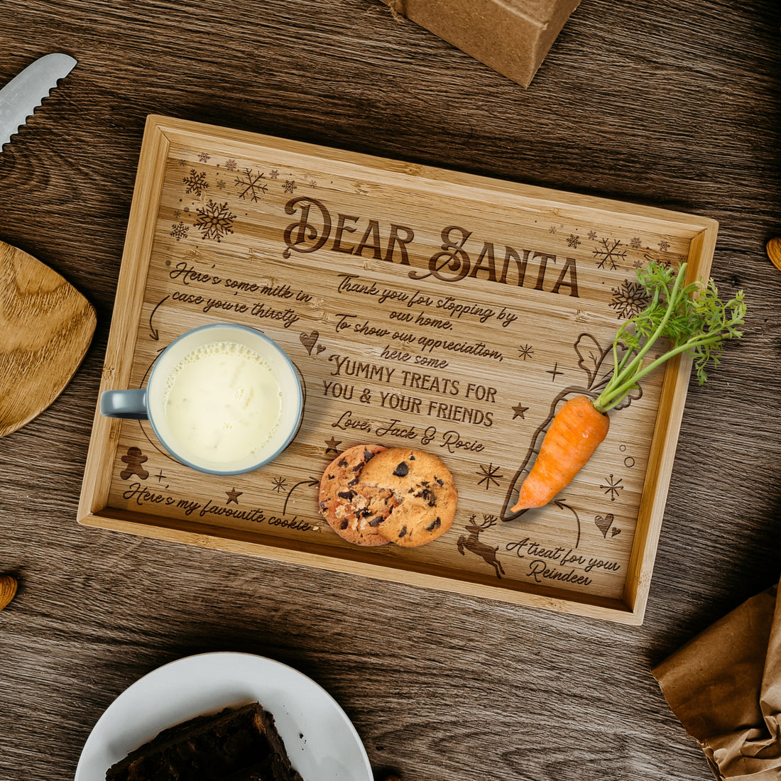 Personalised Dear Santa Treat Tray, Custom Engraved Christmas Eve Board, Etched Reindeer Milk, Carrot Cookie Platter, Wooden Xmas Night Tray