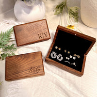 Personalised Wood Travel Jewellery Case, Custom Engraved Walnut Accessories Box, Rings Earrings Organiser, Bridesmaid, Mom, Anniversary Gift