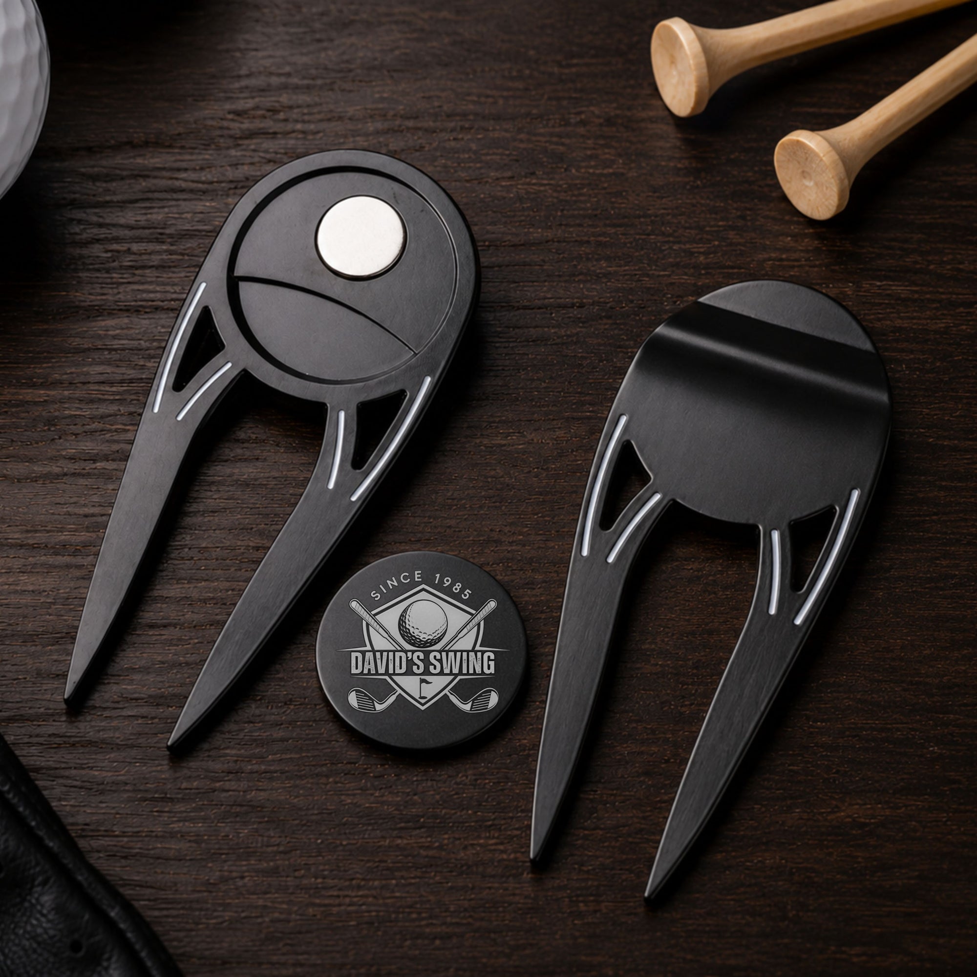 Custom engraved 3-in-1 golf divot tool with magnetic ball marker and bottle opener