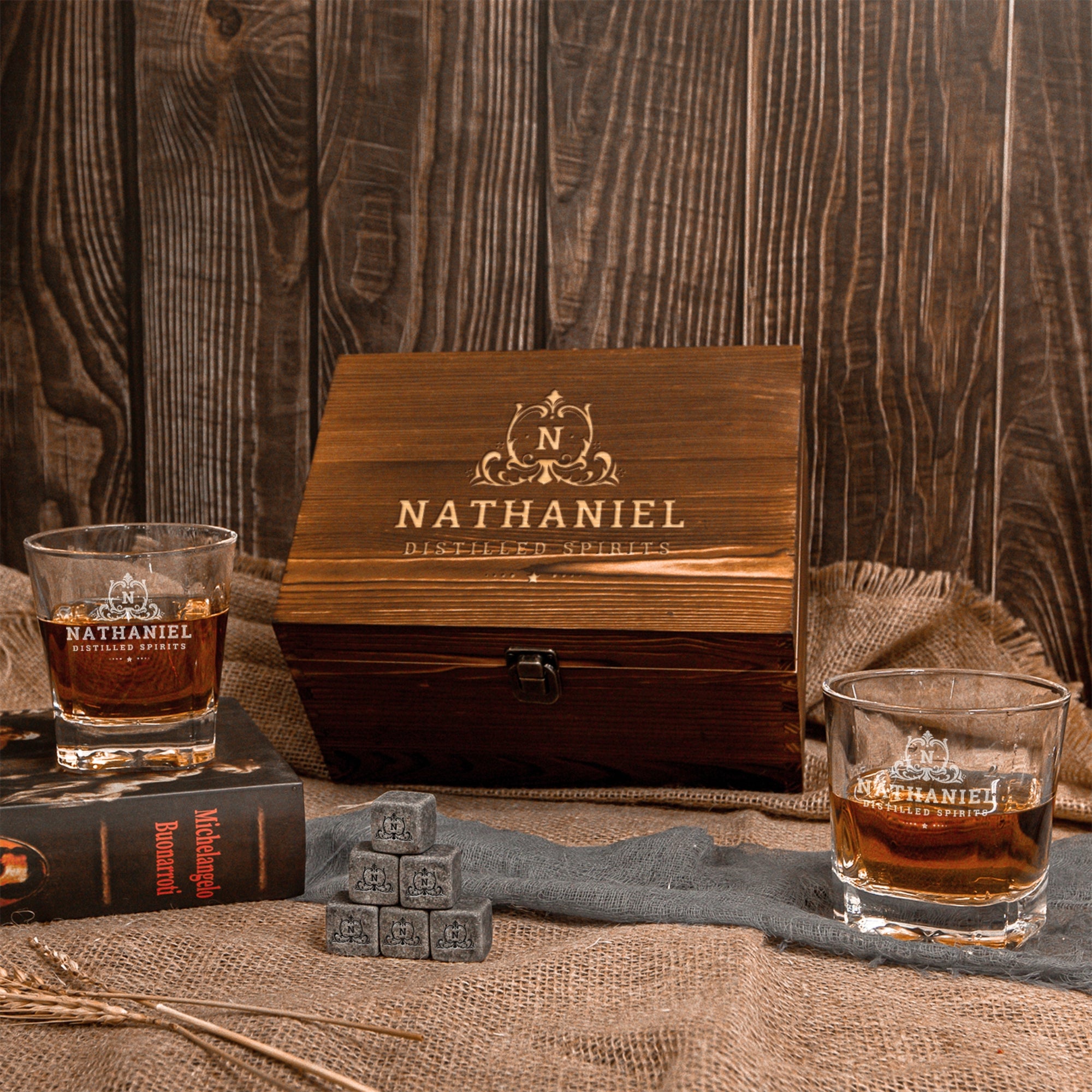 Custom Engraved Whiskey Wooden Box - 2 Square Star Base Scotch Glasses &amp; 6 Rock Ice Stones, Personalised Barware Set, Father, Groomsman Gift