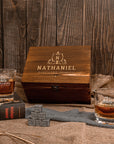 Custom Engraved Whiskey Wooden Box - 2 Square Star Base Scotch Glasses & 6 Rock Ice Stones, Personalised Barware Set, Father, Groomsman Gift