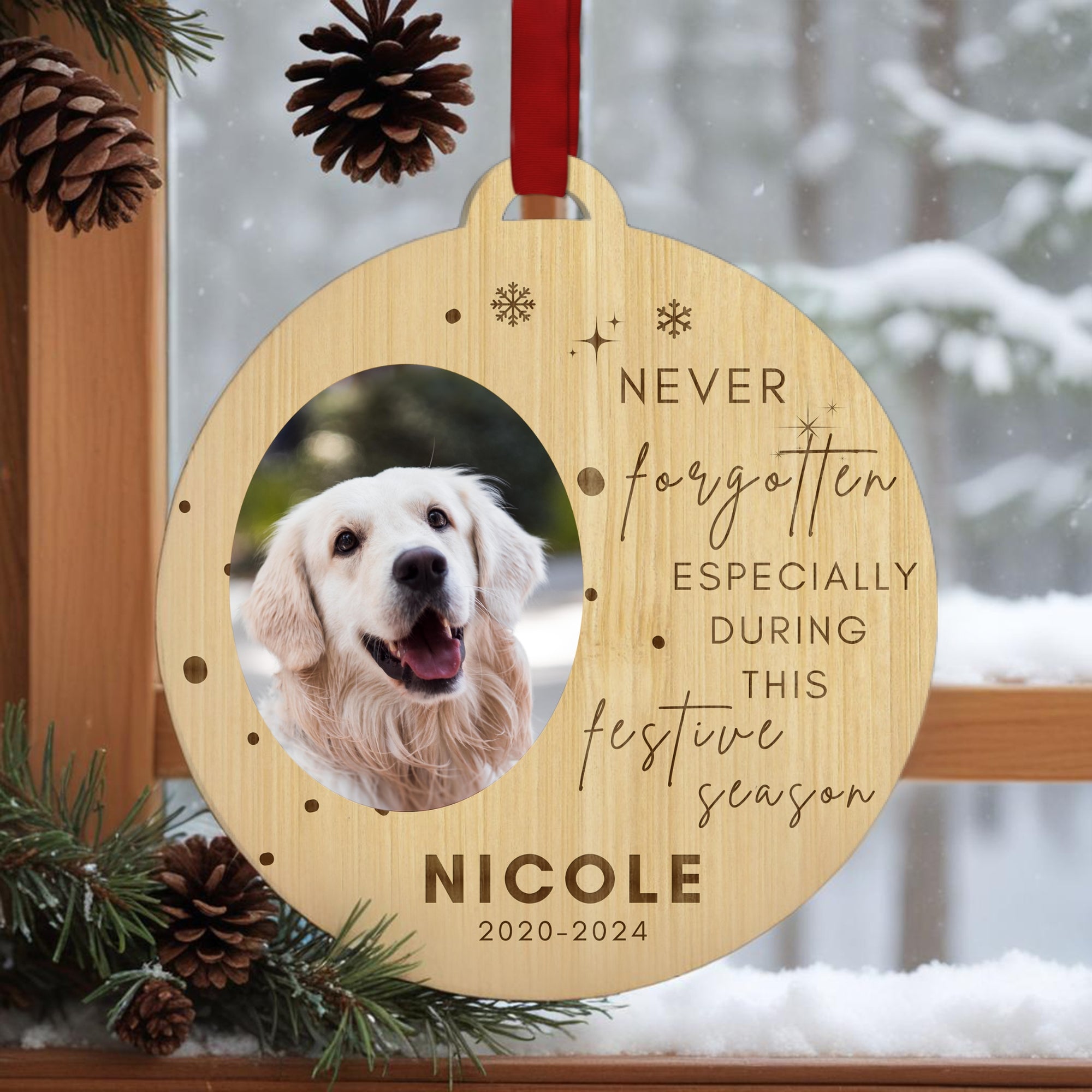 Personalised Wood Mirror Acrylic In Loving Memory Photo Ornament, Customised Name Christmas Tree Tag Forever In Our Heart Bauble Heaven Gift