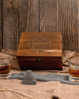 Custom Engraved Whiskey Wooden Box - 2 Square Star Base Scotch Glasses & 6 Rock Ice Stones, Personalised Barware Set, Father, Groomsman Gift