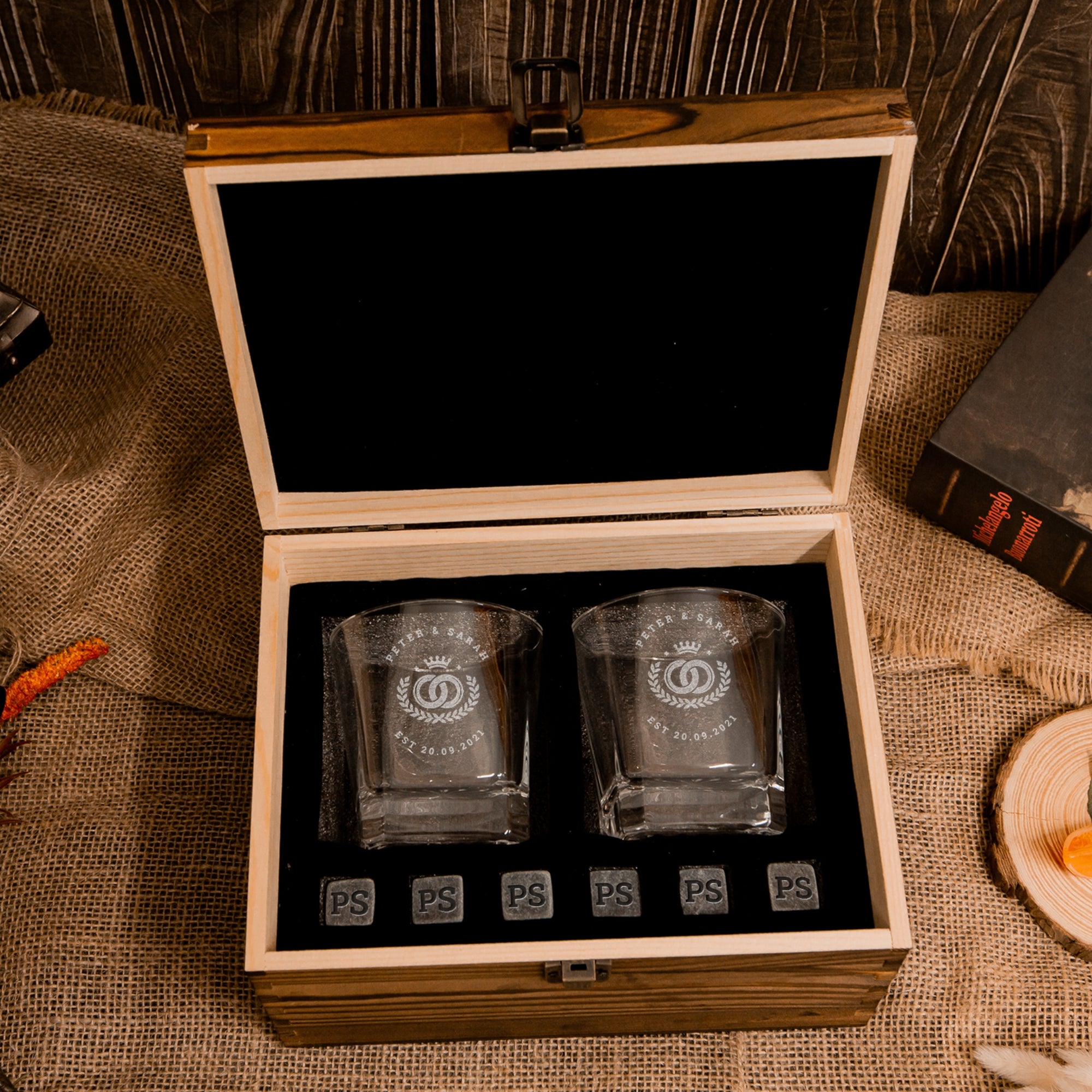 Custom Engraved Whiskey Wooden Box - 2 Square Star Base Scotch Glasses & 6 Rock Ice Stones, Personalised Barware Set, Father, Groomsman Gift