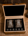 Custom Engraved Whiskey Wooden Box - 2 Square Star Base Scotch Glasses & 6 Rock Ice Stones, Personalised Barware Set, Father, Groomsman Gift