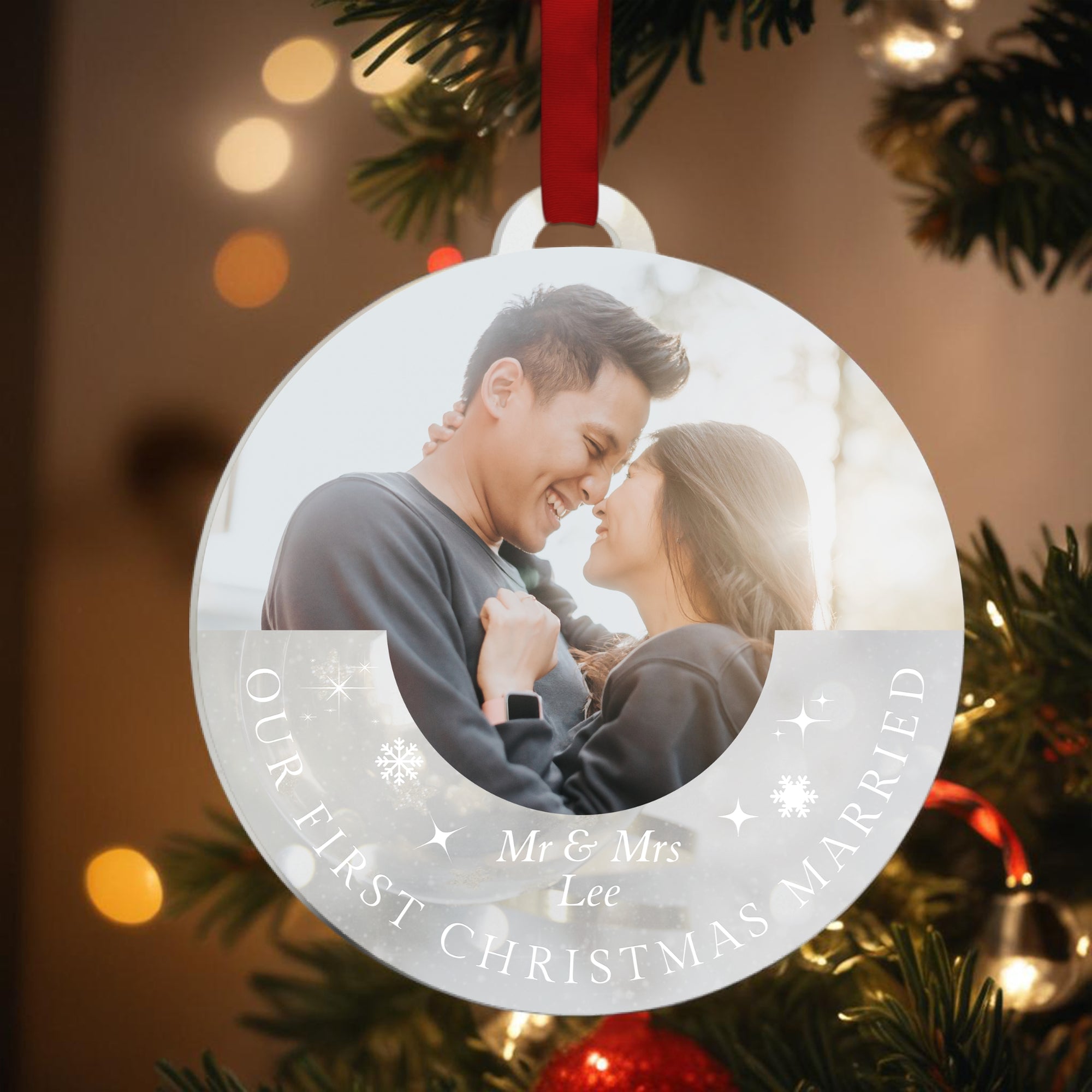 Personalised Acrylic/ Wood Photo Xmas Tree Ornament, Custom Name First Christmas, Married Couple, Engagement, New Home Bauble Gift Tag Decor