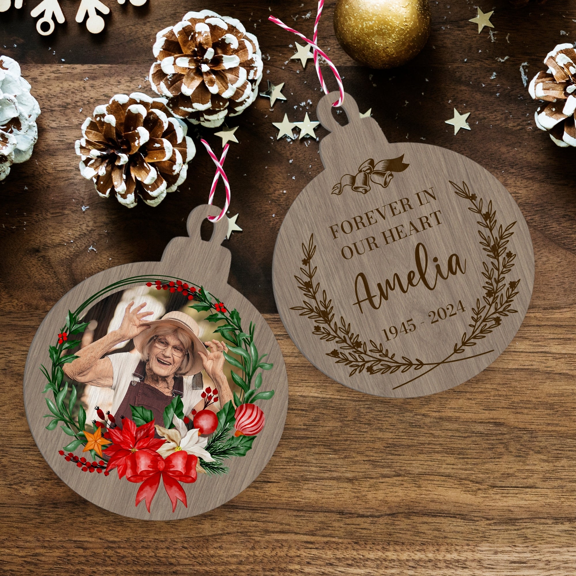 Personalised Wood Photo Xmas Tree Ornament, Custom Name First Christmas, Remembering Memorial, Married Couple New Home Bauble Gift Tag Decor