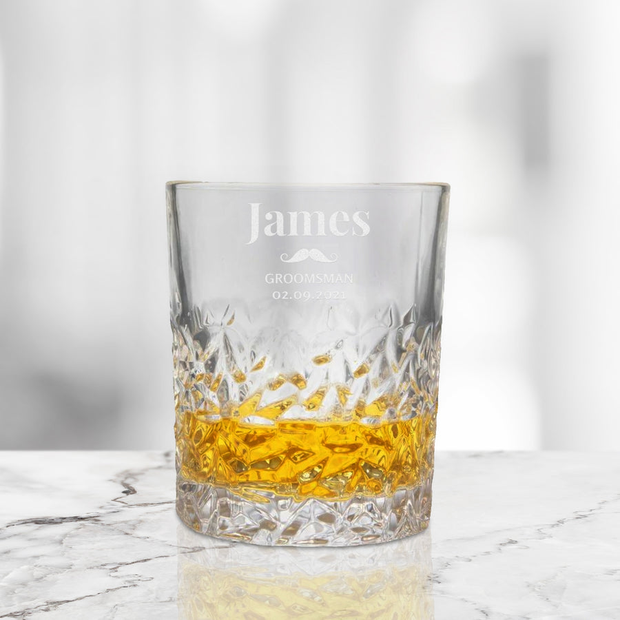 Personalised 310ml Whiskey Diamond Pattern Glass, Custom Engraved Scotch Tumbler, Wedding Favours, Housewarming, Groomsman, Corporate Gift