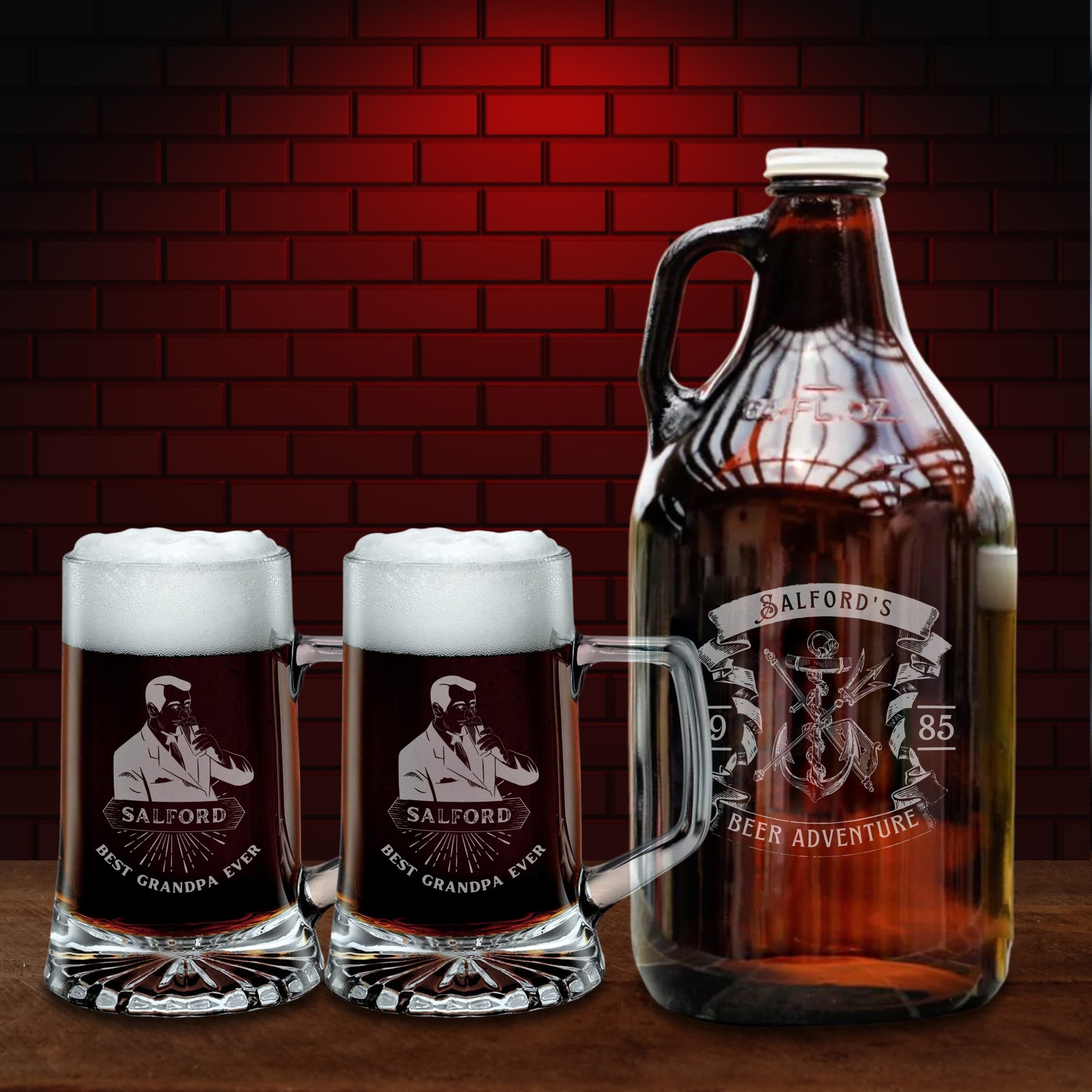 Personalised 1.9L Amber Glass Craft Beer Growler &amp; 2 Italian Tankard Mugs, Engraved Brewery Bottle &amp; Glasses, Etched Custom Logo Corporate/ Father/ Housewarming Gift, Wedding/ Groomsmen Favour