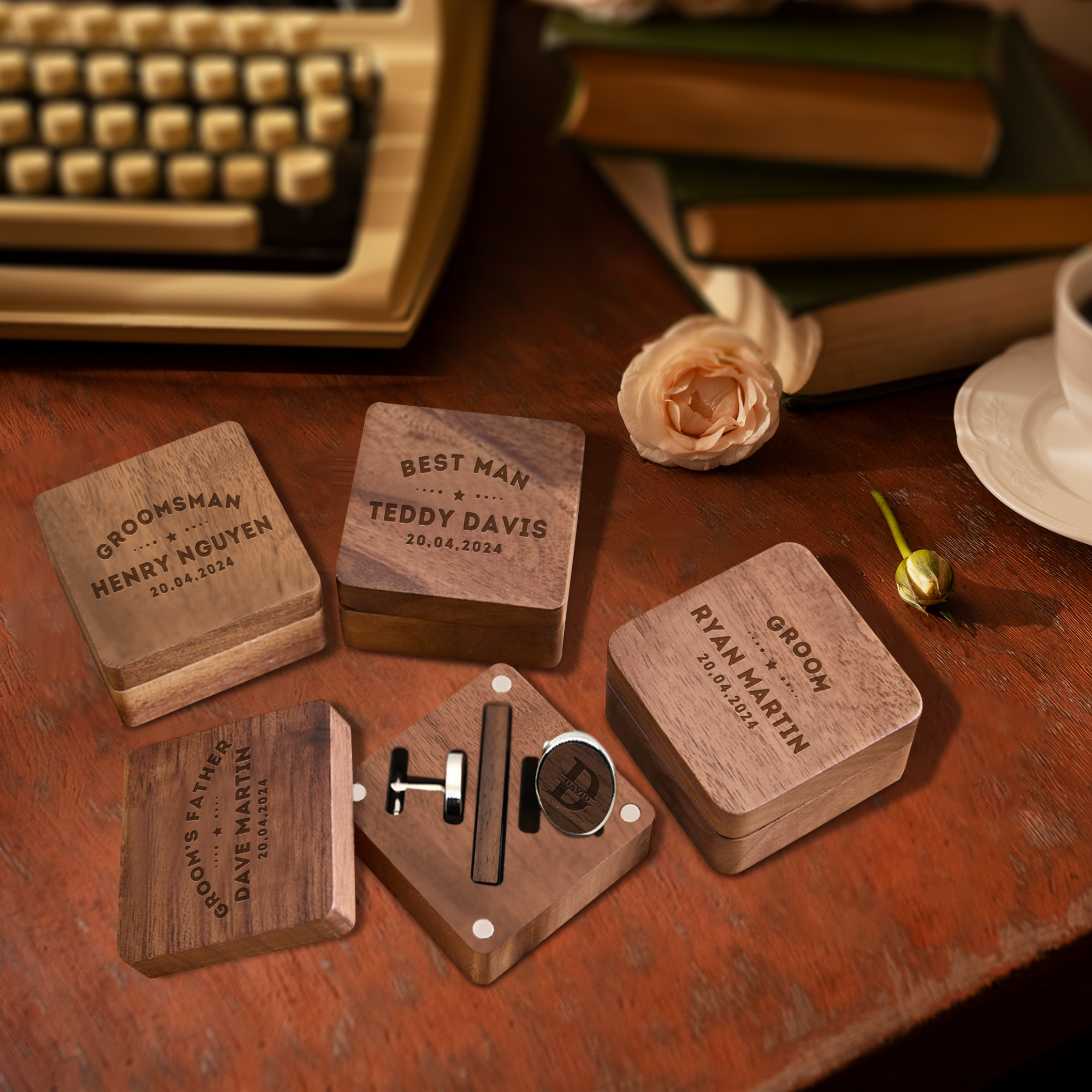 Personalised Walnut Cufflinks &amp; Tie Clip Box, Custom Engraved Man&#39;s Wooden Accessories/ Jewellery Storage, Groomsmen, Dad, Wedding Gift Set