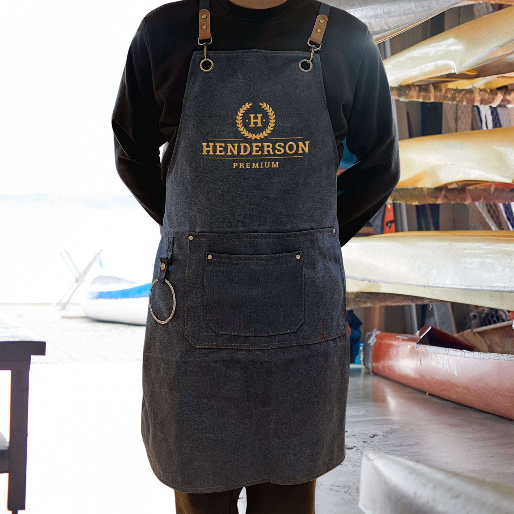 Embroidered Canvas Apron with Multi Pockets &amp; Hanging Ring