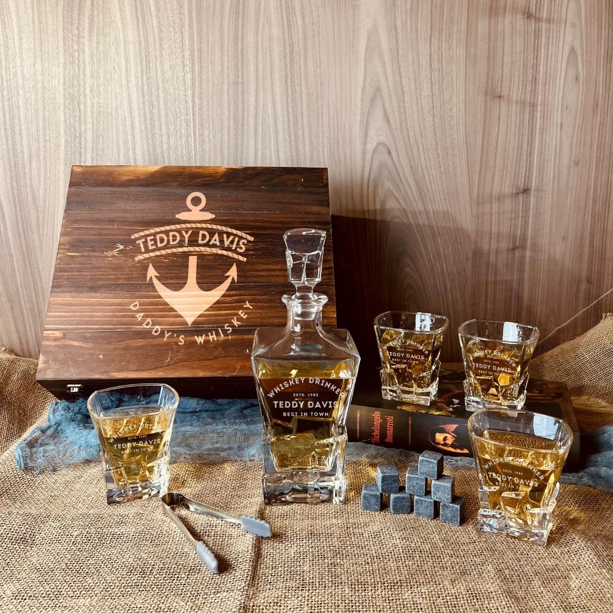 Personalised Wooden Boxed Whiskey Decanter Set, 4 Scotch Glasses, 6 Ice Stones &amp; Tongs | Custom Engraved Groomsmen, Wedding, Whisky Bar Gift