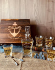 Personalised Wooden Boxed Whiskey Decanter Set, 4 Scotch Glasses, 6 Ice Stones & Tongs | Custom Engraved Groomsmen, Wedding, Whisky Bar Gift