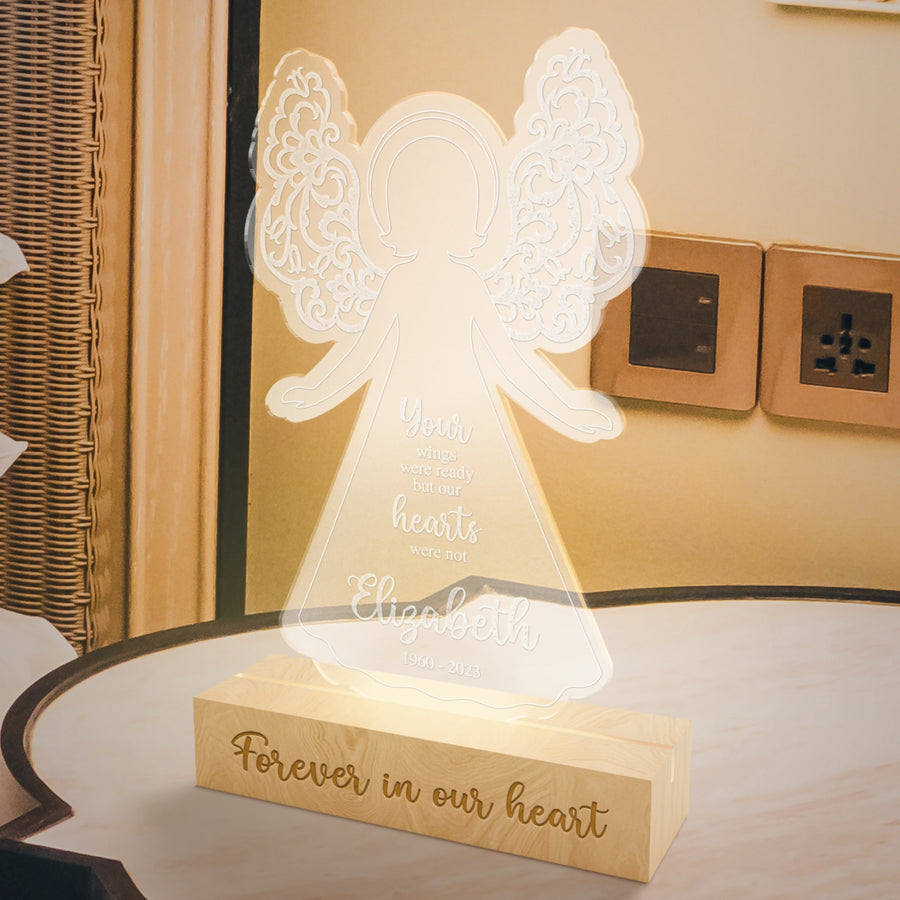 Personalised 3D Acrylic Wooden Memorial LED, Custom Engraved In Loving Memory Lamp, Laser Cut Tribute Remembrance, Sympathy Condolence Gift