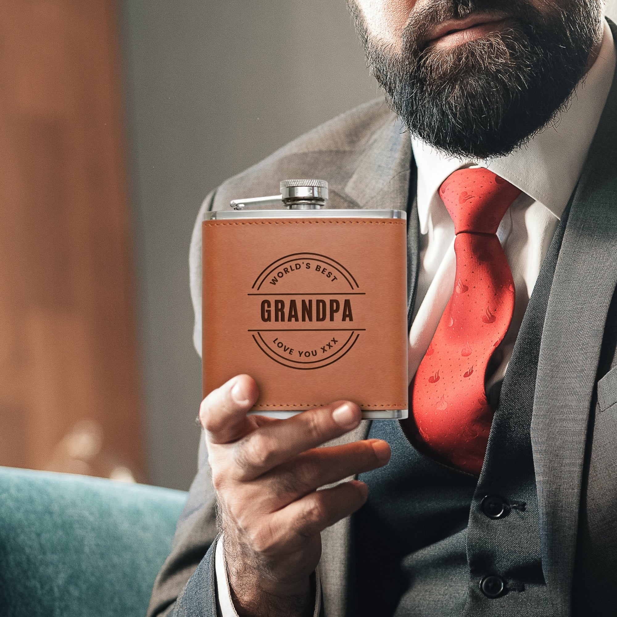 Personalised Tan Leatherette Stainless Steel 7oz Hip Flask, Funnel, Shot Glasses Set Custom Engraved Logo Groomsman, Dad, Corporate Gift Box