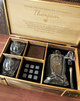 Personalised Wooden Crate Whiskey Gift Box, Twisted Whisky Decanter, 2 Glasses, 6 Ice Stones, 2 Coasters, Tongs, Custom Engraved Barware Set