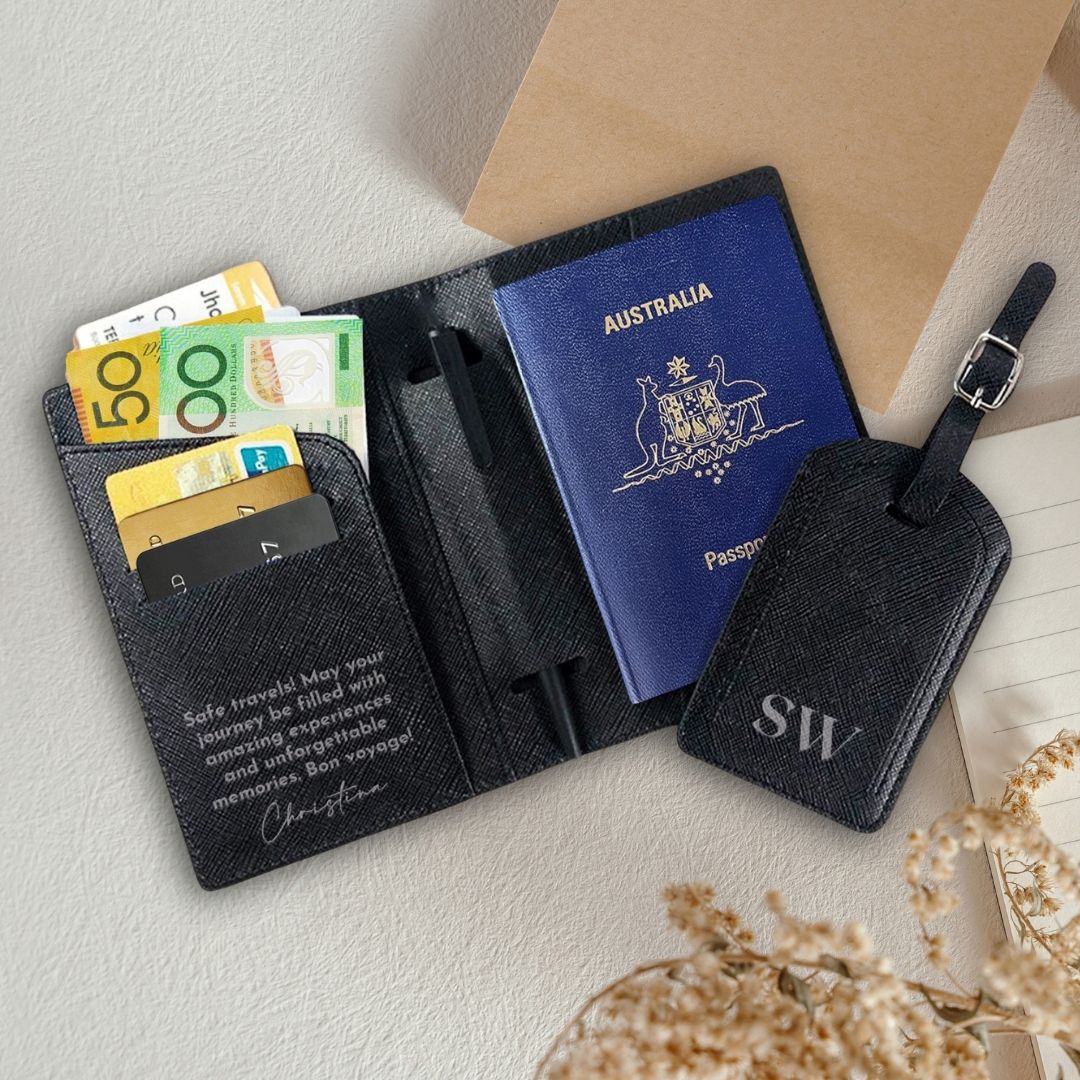 Personalised Leather Passport Cover Holder & Travel Luggage Tag Set, Custom Printed Couple Honeymoon Anniversary, Christmas, Bridesmaid Gift