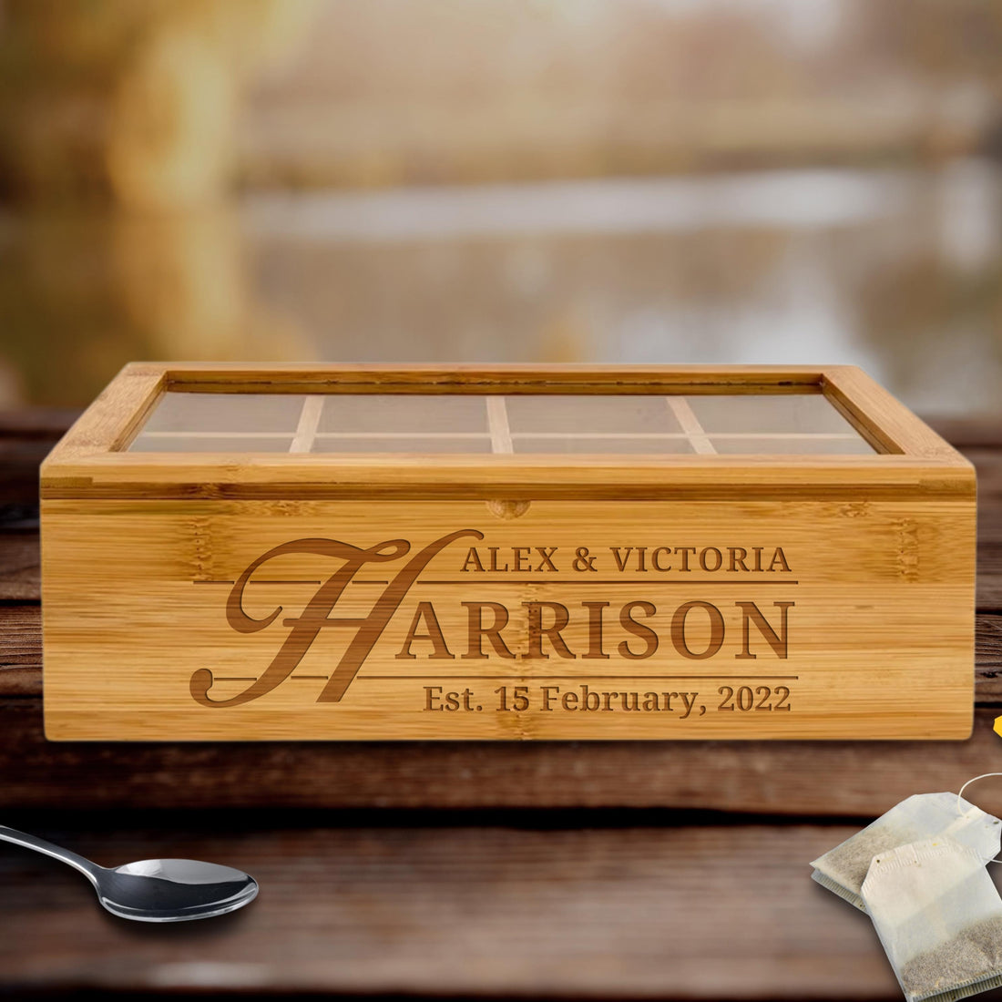 Personalised Bamboo 8 Slots Tea Bag Box, Etched Wooden Keepsake, Engraved Kitchen Custom Organised Storage, Housewarming/ Birthday, Mom-Dad, Teacher, Godparents Gift