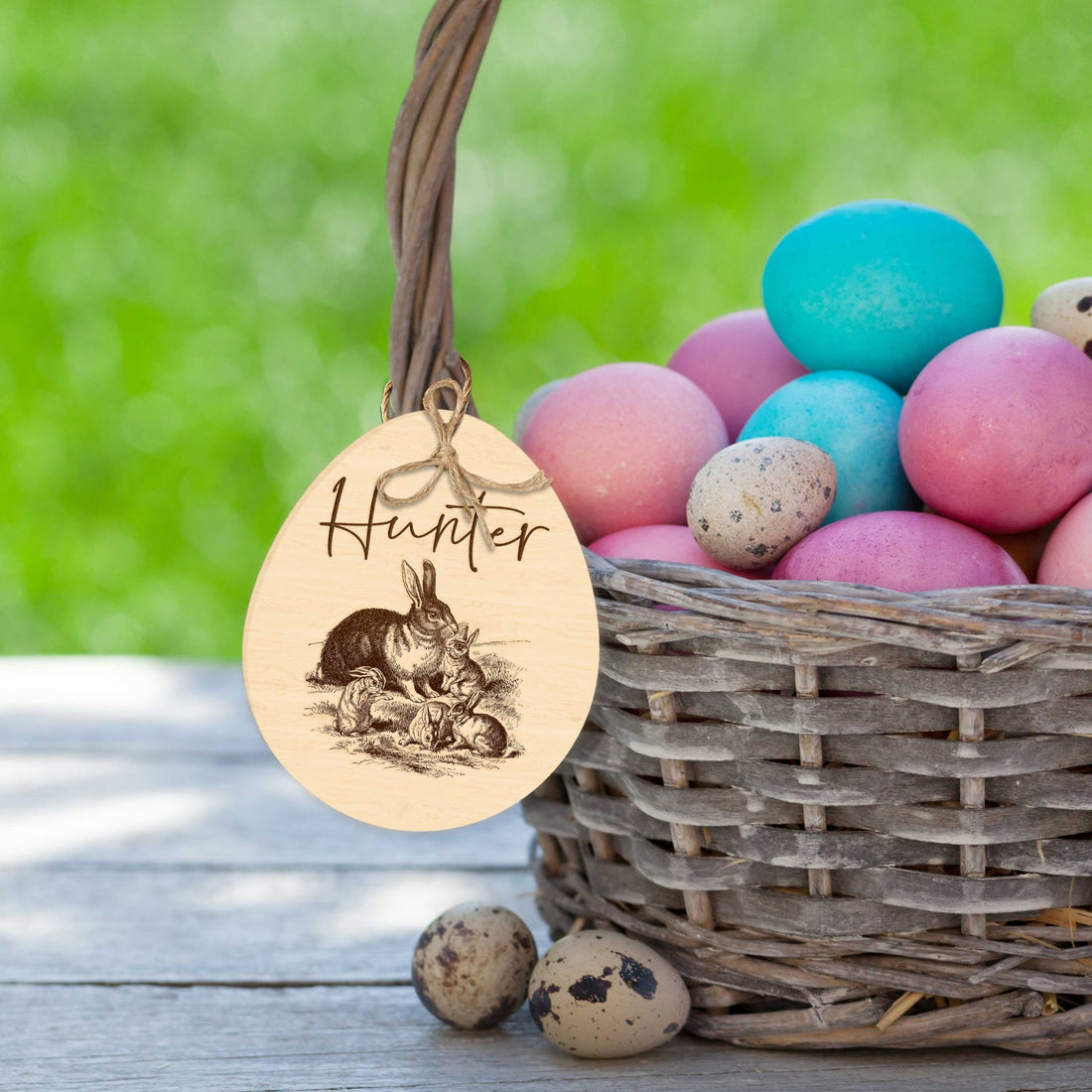 Custom Engraved Easter Wooden Gift Tags, Personalised Bunny Rabbit Present Swing Tag, Etched Carry Egg Basket Tag, Festive Decor, Keepsake