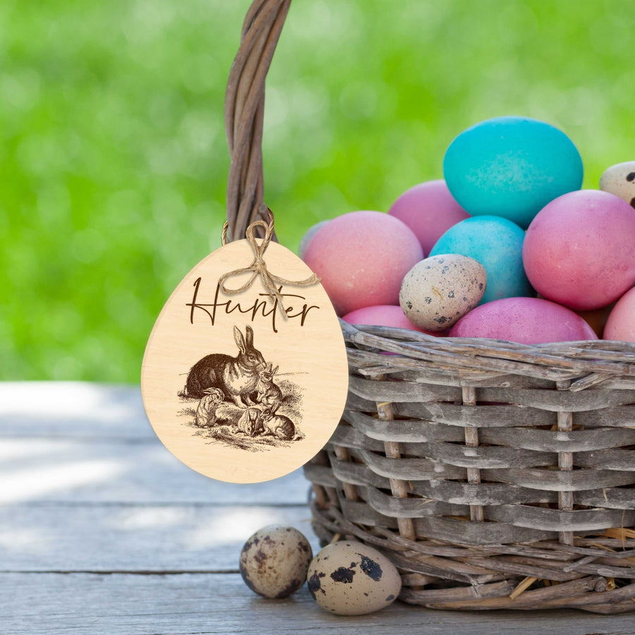 Custom Engraved Easter Wooden Gift Tags, Personalised Bunny Rabbit Present Swing Tag, Etched Carry Egg Basket Tag, Festive Decor, Keepsake