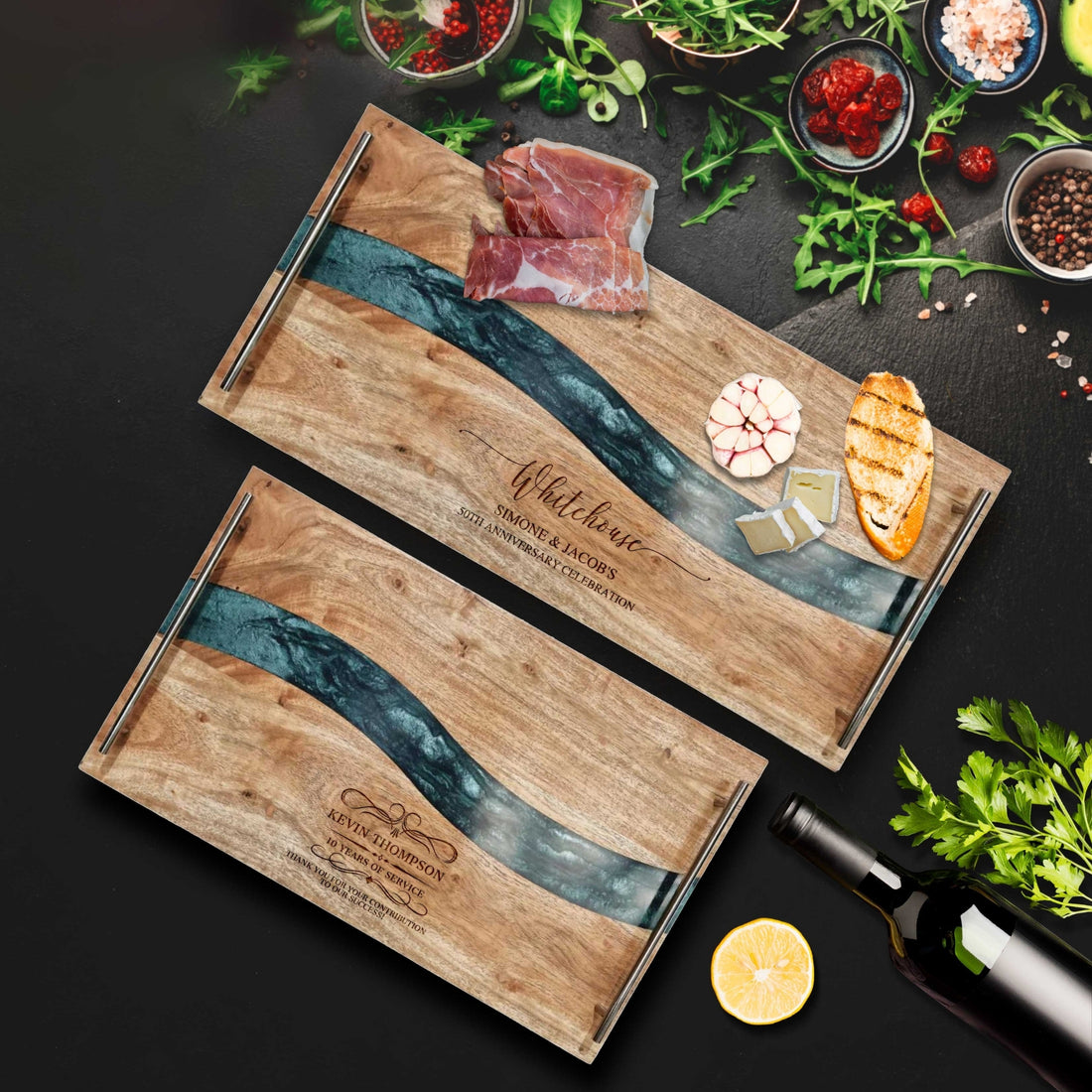 Personalised Acacia Wood & Blue Resin Cheese Handle Tray, Custom Engraved Serving Board, Charcuterie Platter, Decor Housewarming Gift