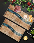 Personalised Acacia Wood & Blue Resin Cheese Handle Tray, Custom Engraved Serving Board, Charcuterie Platter, Decor Housewarming Gift