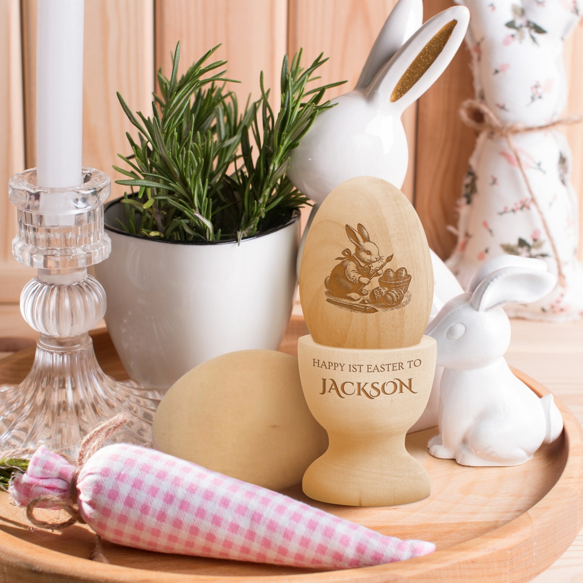Personalised Wooden Easter Bunny Egg &amp; Shot Holder, Custom Engraved Rabbit Cup, First Birthday, Baby Memory Baptism Keepsake, Christmas Gift