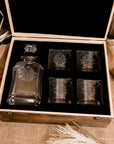 Custom Engraved Whiskey Decanter Set, 4  Glasses & Wooden Box, Personalised Logo Barware, Father, Birthday, Groomsmen Wedding Corporate Gift