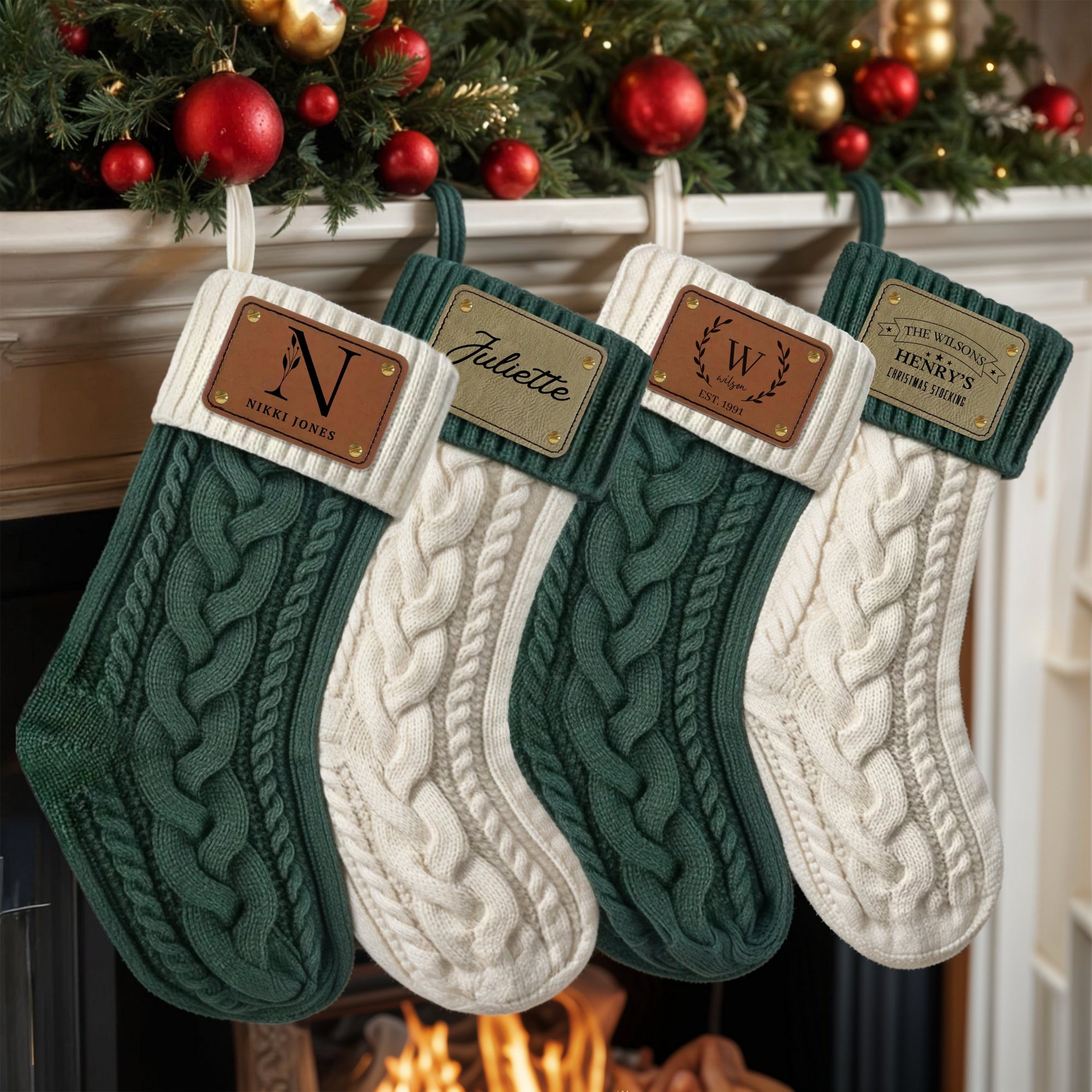 Personalised Knitted Christmas Stocking Custom Etched Leather Patch Merry Xmas Present Sock Family Santa North Pole Holiday Kid Gift Storage