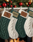 Personalised Knitted Christmas Stocking Custom Etched Leather Patch Merry Xmas Present Sock Family Santa North Pole Holiday Kid Gift Storage