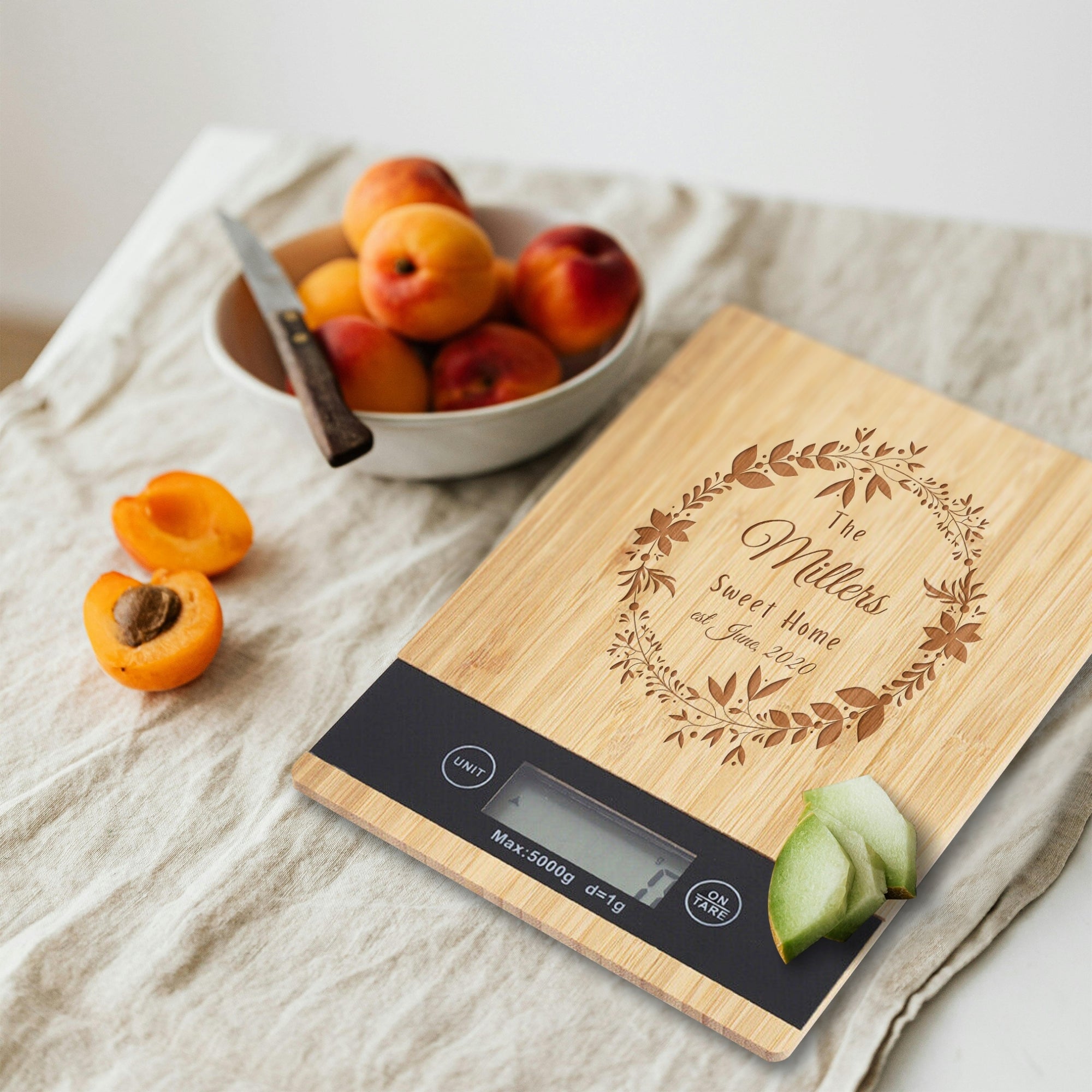Custom Engraved Bamboo Kitchen Scale, Personalised Digital Electronic Weighing, Mother&#39;s Day, Corporate Housewarming, Chef Kitchenware Gift