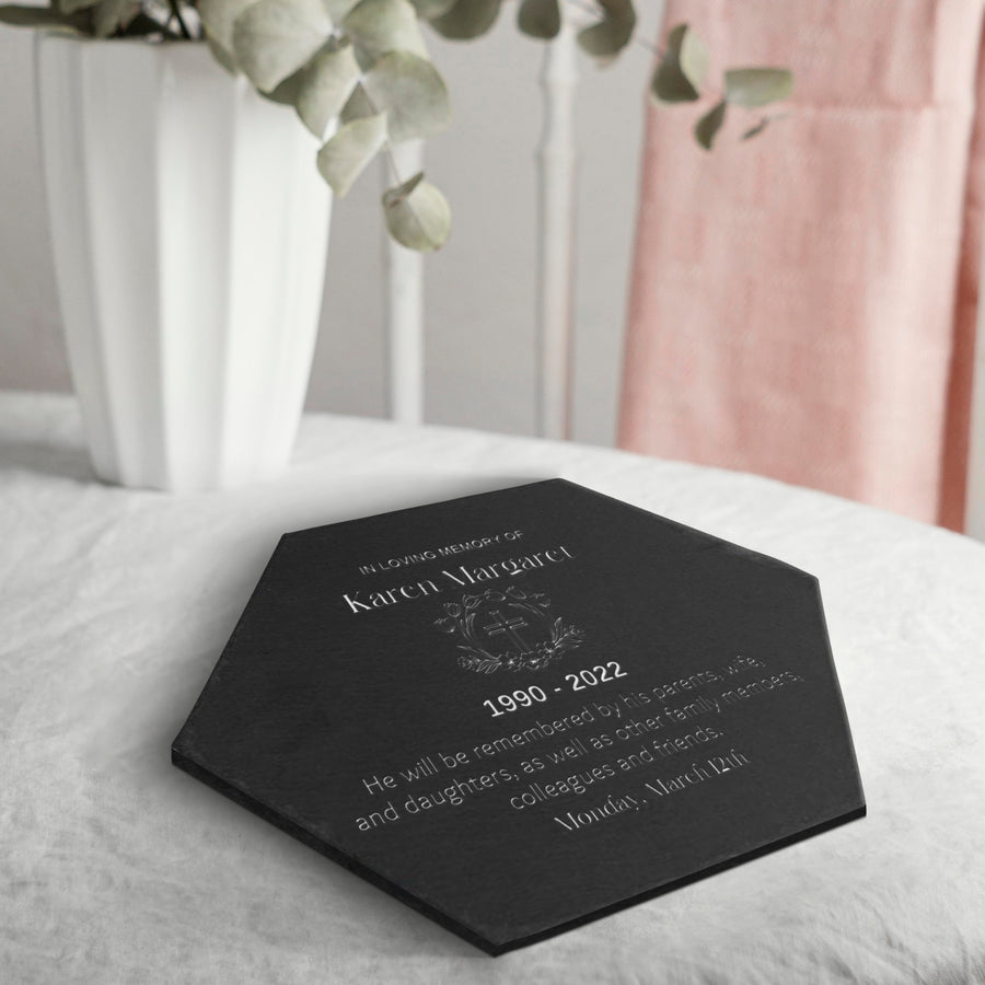 Personalised Memorial Hexagon Slate Sign, Custom Engraved In Loving Memory Garden Stone, Funeral Cemetery Plaque Loss of Loved One Pray Gift